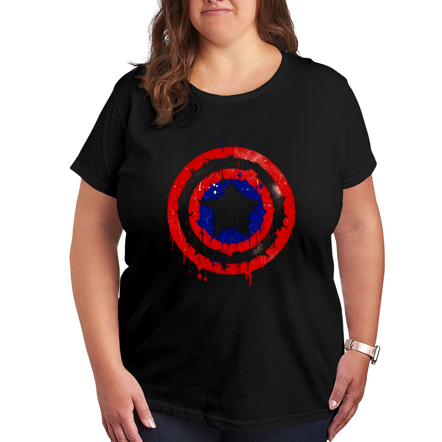 Vintage Splatter Captain America Shield Retro Plus Size Women Printed T-Shirt