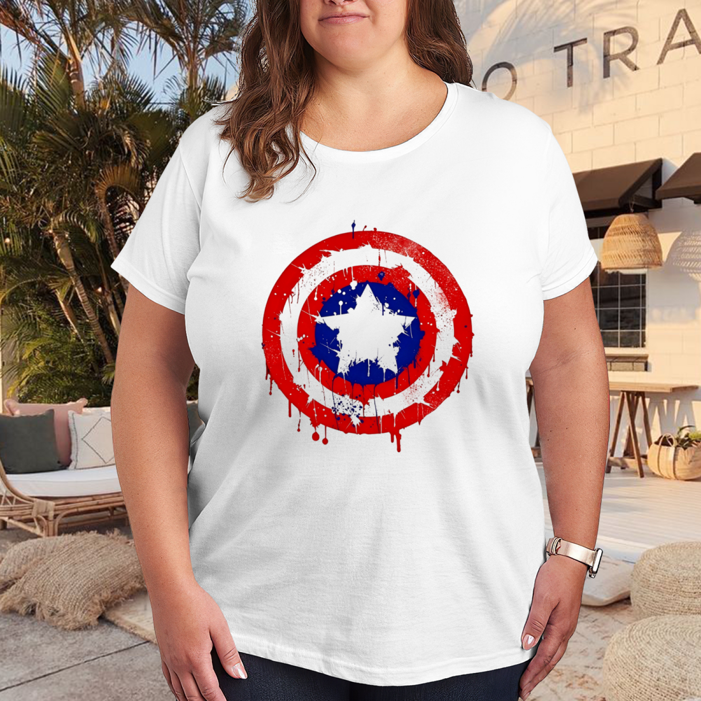 Vintage Splatter Captain America Shield Retro Plus Size Women Printed T-Shirt
