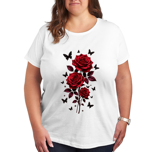 Stunning Deep Red Rose & Black Butterfly Floral Plus Size Women Printed T-Shirt