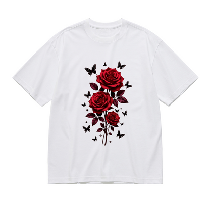 Stunning Deep Red Rose & Black Butterfly Floral Plus Size Women Printed T-Shirt