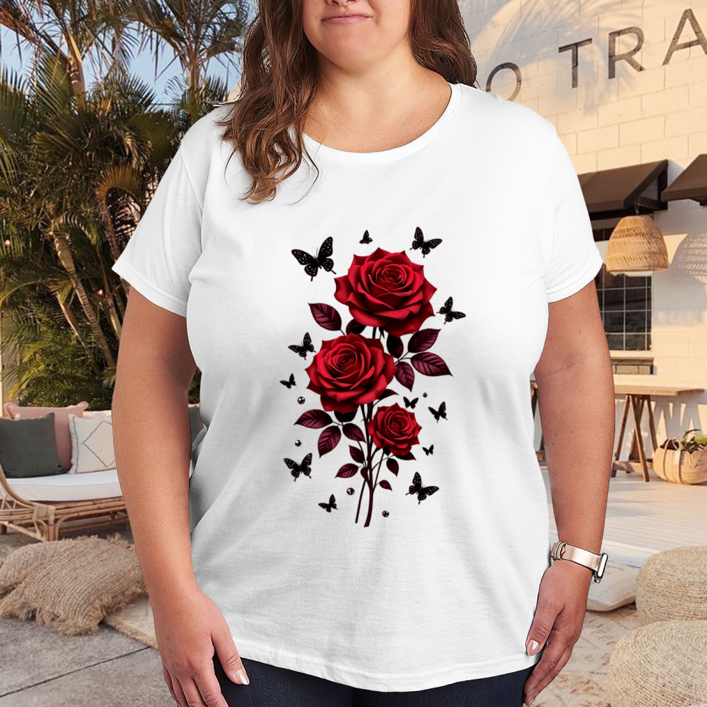 Stunning Deep Red Rose & Black Butterfly Floral Plus Size Women Printed T-Shirt