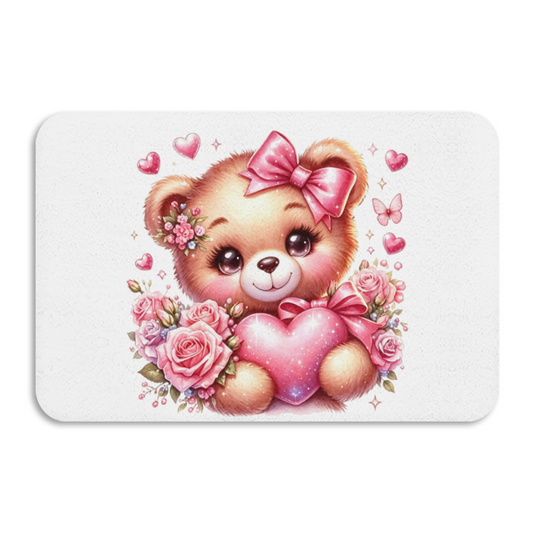 Pink Rose Heart Bow Teddy Bear Diatom Mat | Sweet Girly Floral Silicone Absorbent Rug