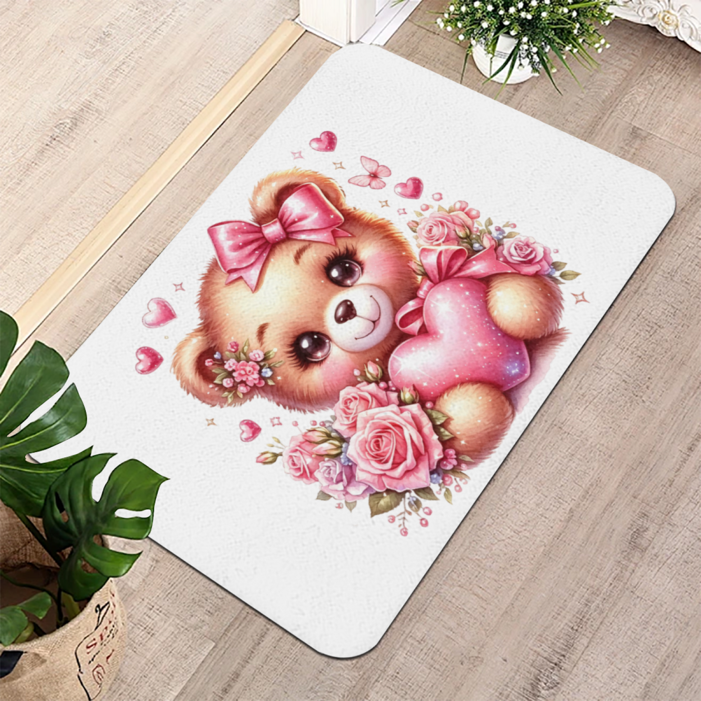Pink Rose Heart Bow Teddy Bear Diatom Mat | Sweet Girly Floral Silicone Absorbent Rug