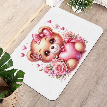 Pink Rose Heart Bow Teddy Bear Diatom Mat | Sweet Girly Floral Silicone Absorbent Rug