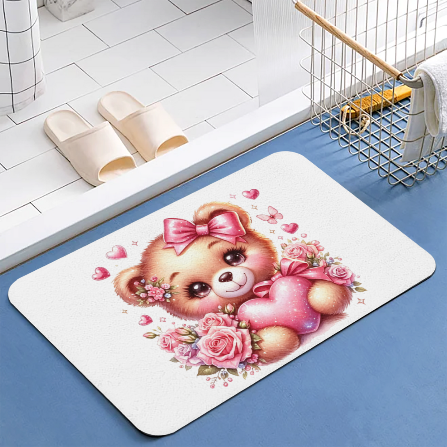 Pink Rose Heart Bow Teddy Bear Diatom Mat | Sweet Girly Floral Silicone Absorbent Rug