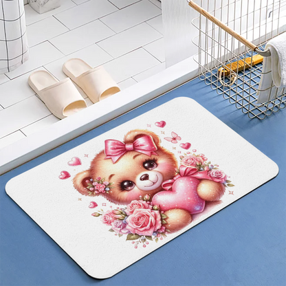 Pink Rose Heart Bow Teddy Bear Diatom Mat | Sweet Girly Floral Silicone Absorbent Rug