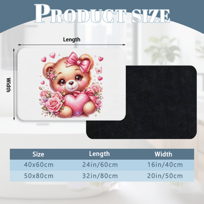 Pink Rose Heart Bow Teddy Bear Diatom Mat | Sweet Girly Floral Silicone Absorbent Rug