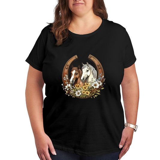 Western Horseshoe Daisy Twin Horses Plus Size Ladies T-Shirt