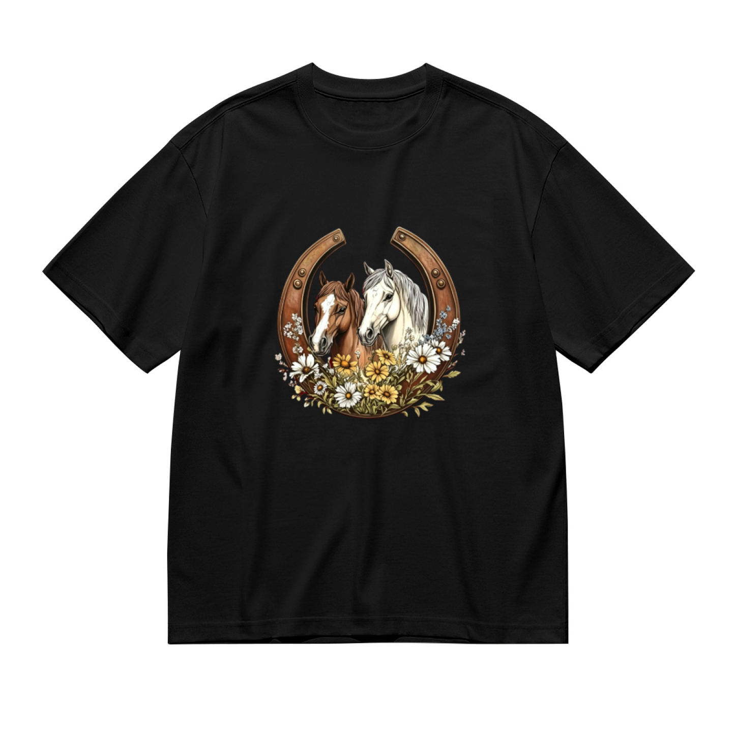 Western Horseshoe Daisy Twin Horses Plus Size Ladies T-Shirt