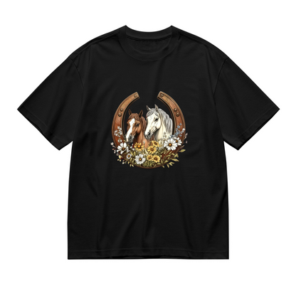 Western Horseshoe Daisy Twin Horses Plus Size Ladies T-Shirt