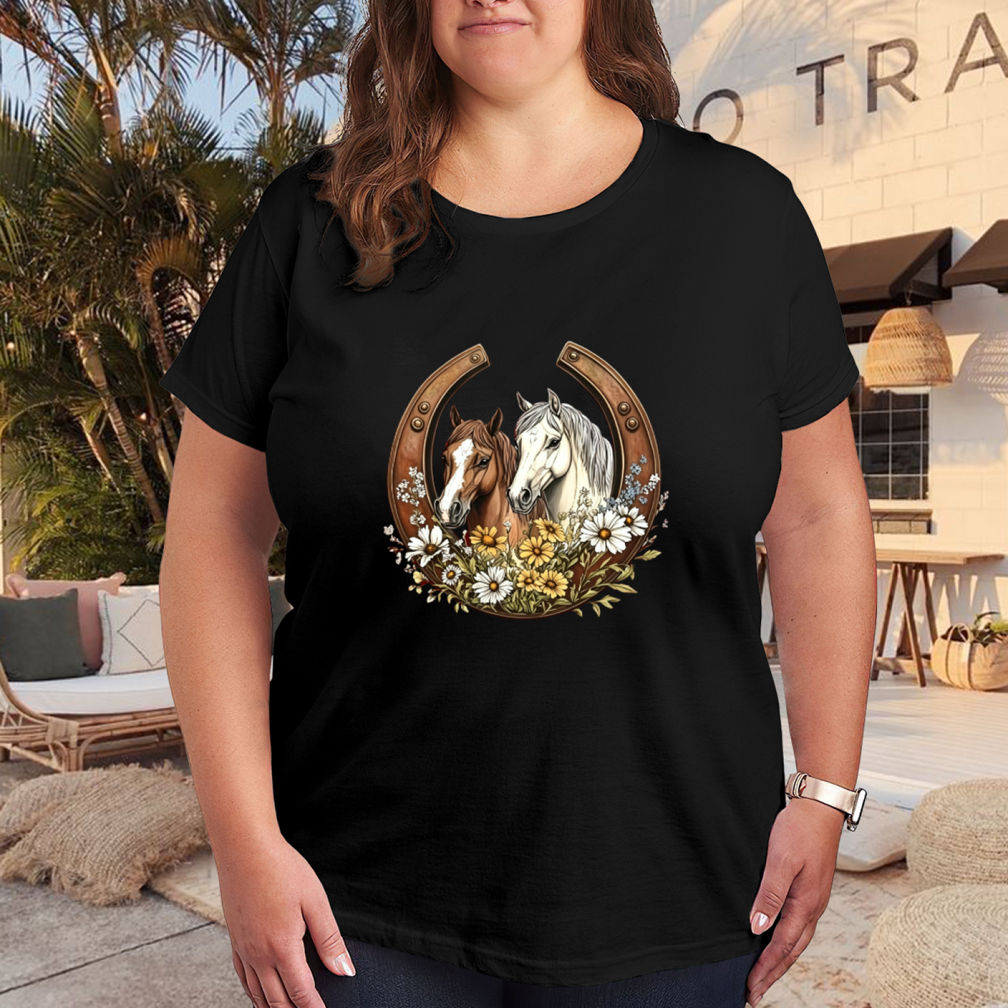 Western Horseshoe Daisy Twin Horses Plus Size Ladies T-Shirt