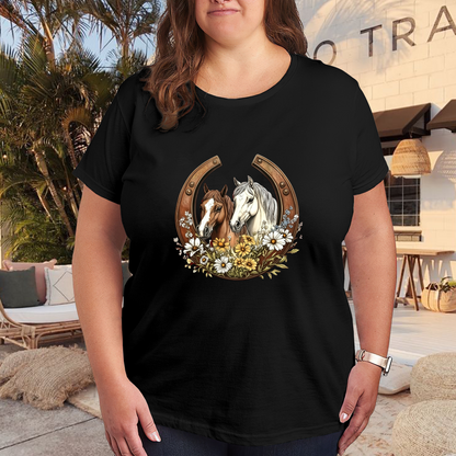 Western Horseshoe Daisy Twin Horses Plus Size Ladies T-Shirt