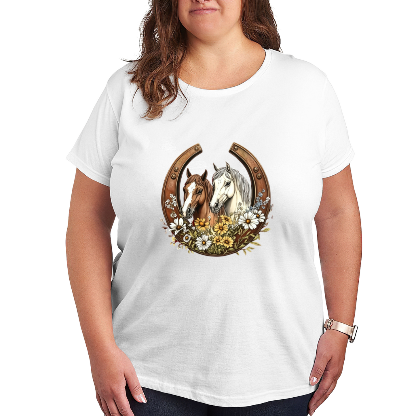 Western Horseshoe Daisy Twin Horses Plus Size Ladies T-Shirt
