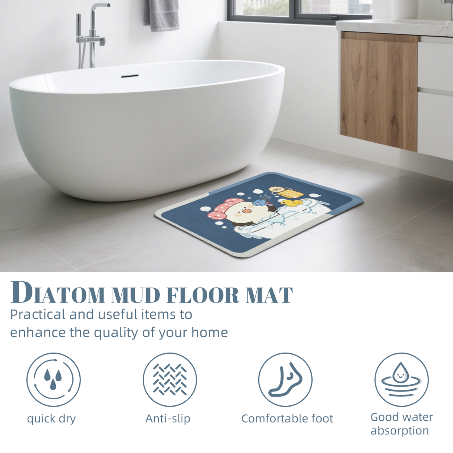 Cute Bathing Cartoon Character Diatom Mat | Bubble Duck Fun Silicone Kids Bathroom Rug