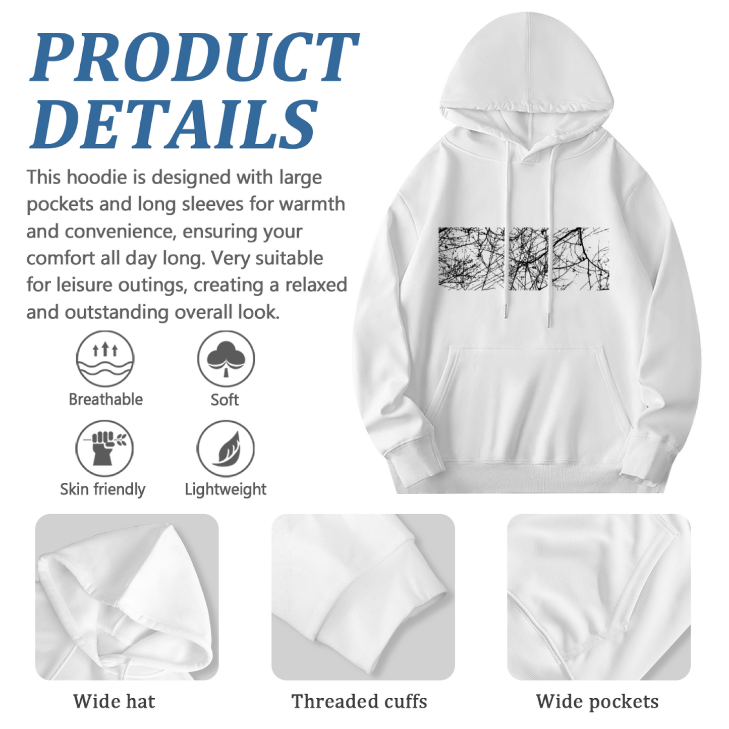 Minimal Dead Branch Art White Hoodie, Relaxed Comfort All-match Hoodie