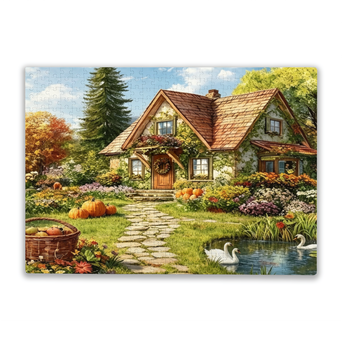 Warm Autumn Cottage Pumpkin Swan Pond Country Puzzle