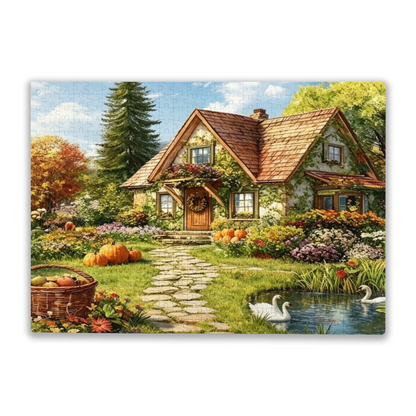 Warm Autumn Cottage Pumpkin Swan Pond Country Puzzle