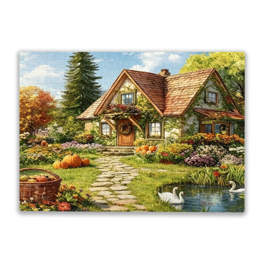Warm Autumn Cottage Pumpkin Swan Pond Country Puzzle