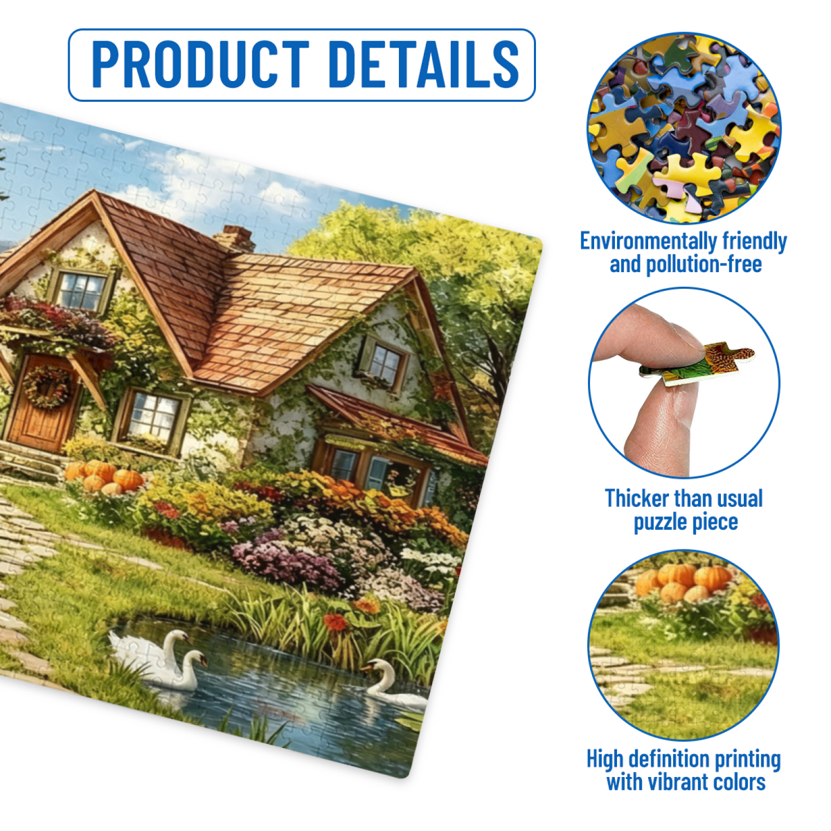 Warm Autumn Cottage Pumpkin Swan Pond Country Puzzle