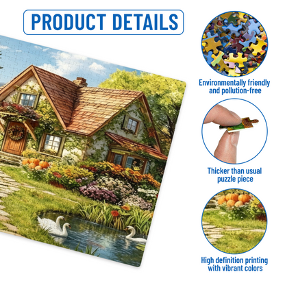 Warm Autumn Cottage Pumpkin Swan Pond Country Puzzle
