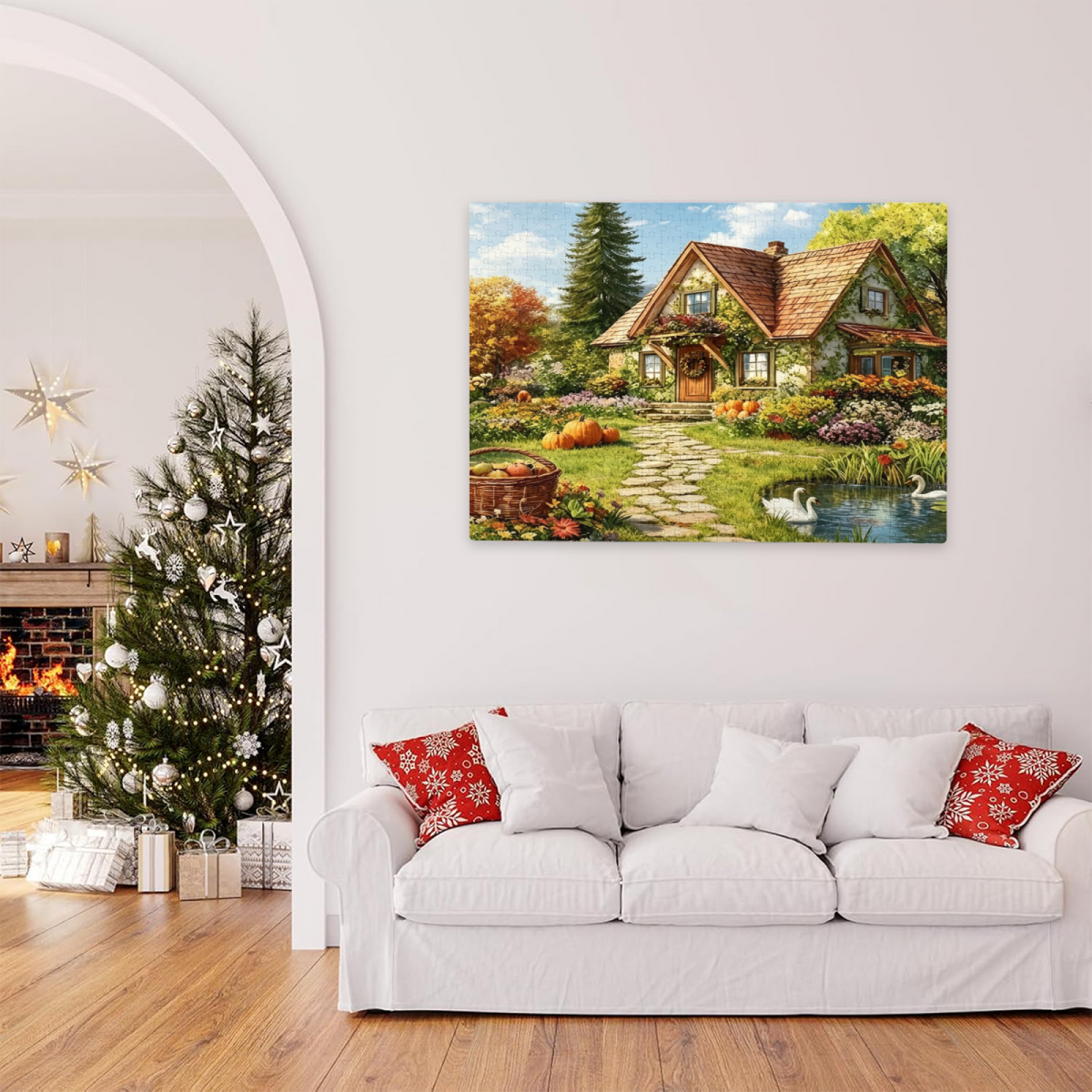 Warm Autumn Cottage Pumpkin Swan Pond Country Puzzle