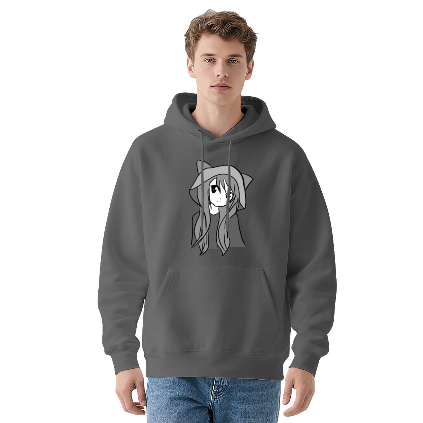 Cute Anime Cat Girl Graphic Black Hoodie, Unisex Soft Kawaii Casual Hooded Top