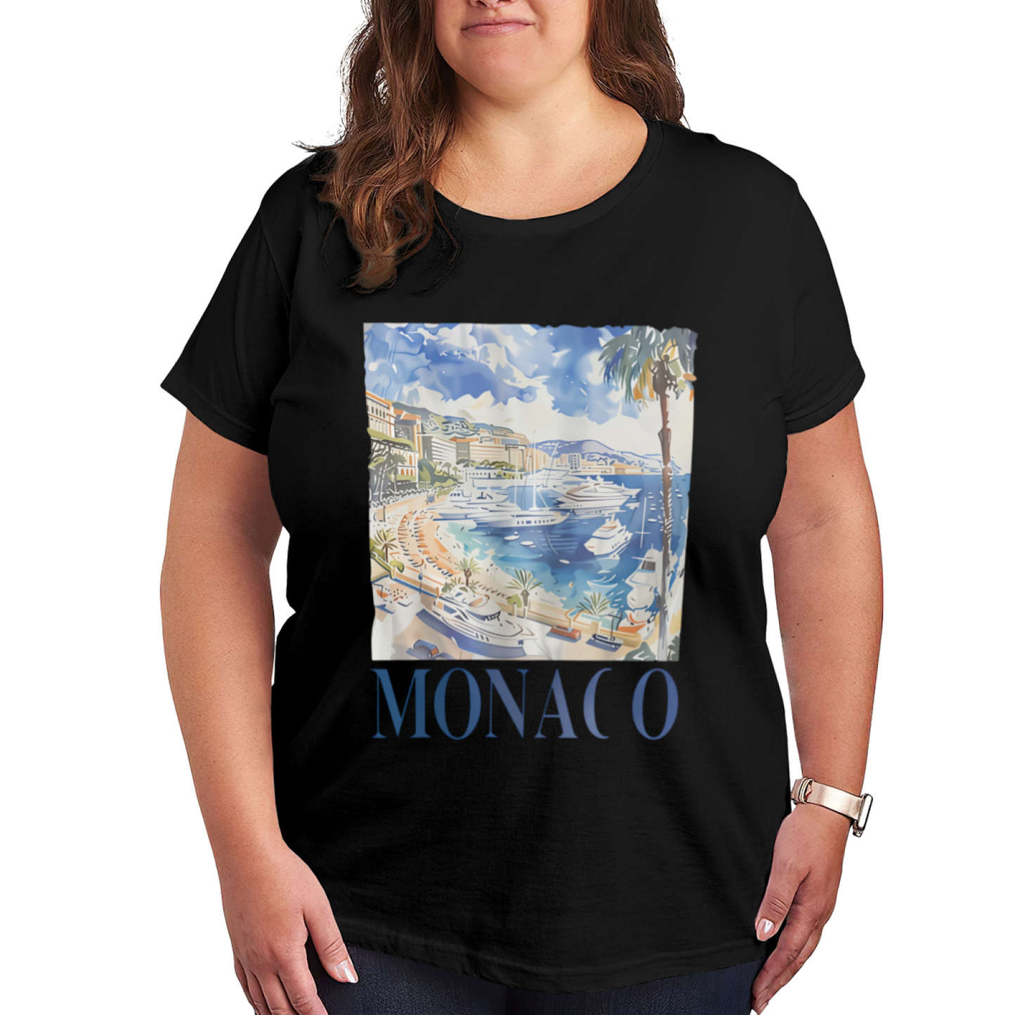 Retro Monaco Coast Yacht Landscape Plus Size Women Printed T-Shirt