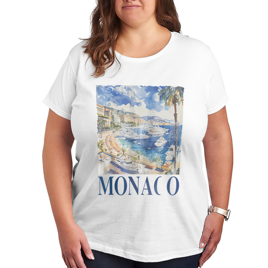 Retro Monaco Coast Yacht Landscape Plus Size Women Printed T-Shirt