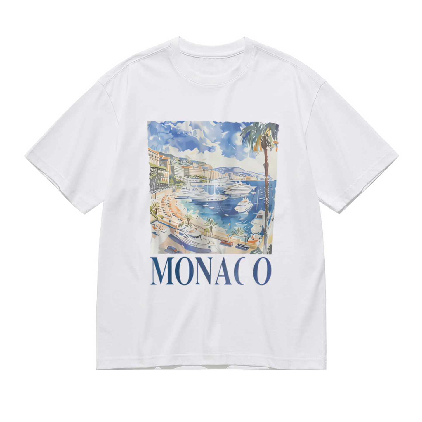 Retro Monaco Coast Yacht Landscape Plus Size Women Printed T-Shirt