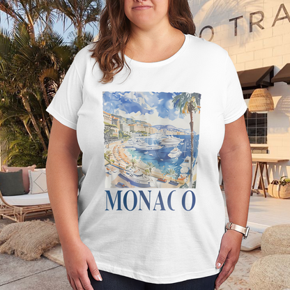 Retro Monaco Coast Yacht Landscape Plus Size Women Printed T-Shirt