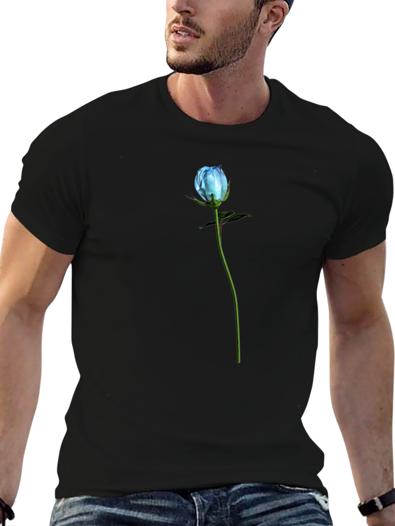 Blue Rose Graphic T-Shirt - Black Cotton Blend