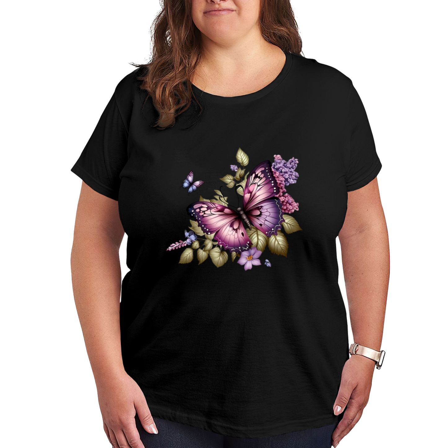 Lilac Purple Butterfly Floral Art Plus Size Ladies Tee