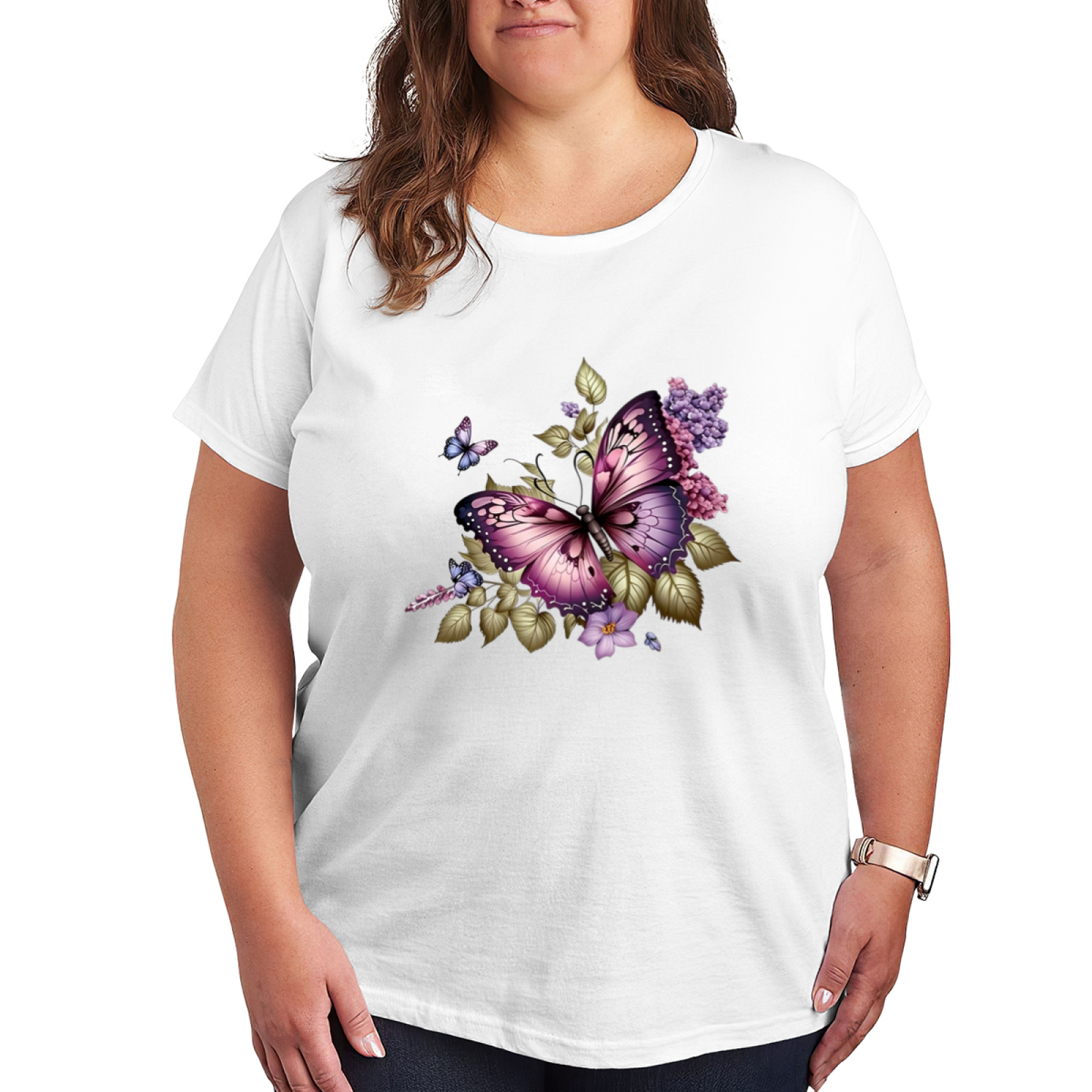 Lilac Purple Butterfly Floral Art Plus Size Ladies Tee