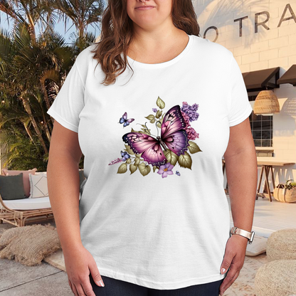 Lilac Purple Butterfly Floral Art Plus Size Ladies Tee