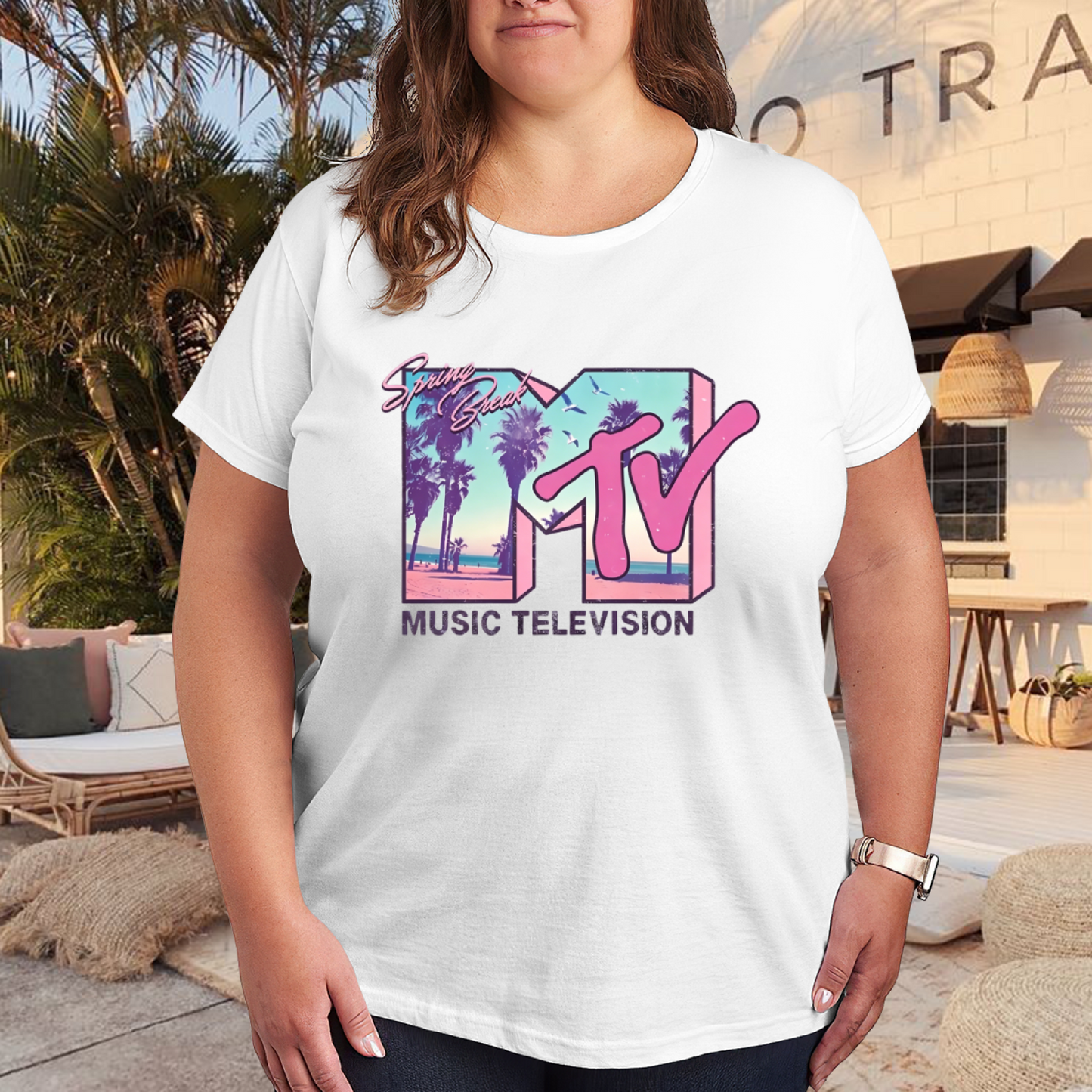 Retro MTV Spring Break Palm Beach Vintage Plus Size Women¡¯s Printed T-Shirt
