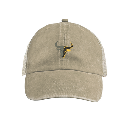 Bull Head Logo Khaki Vintage Washed Mesh Trucker Cap, Western Cowboy Breathable Hat