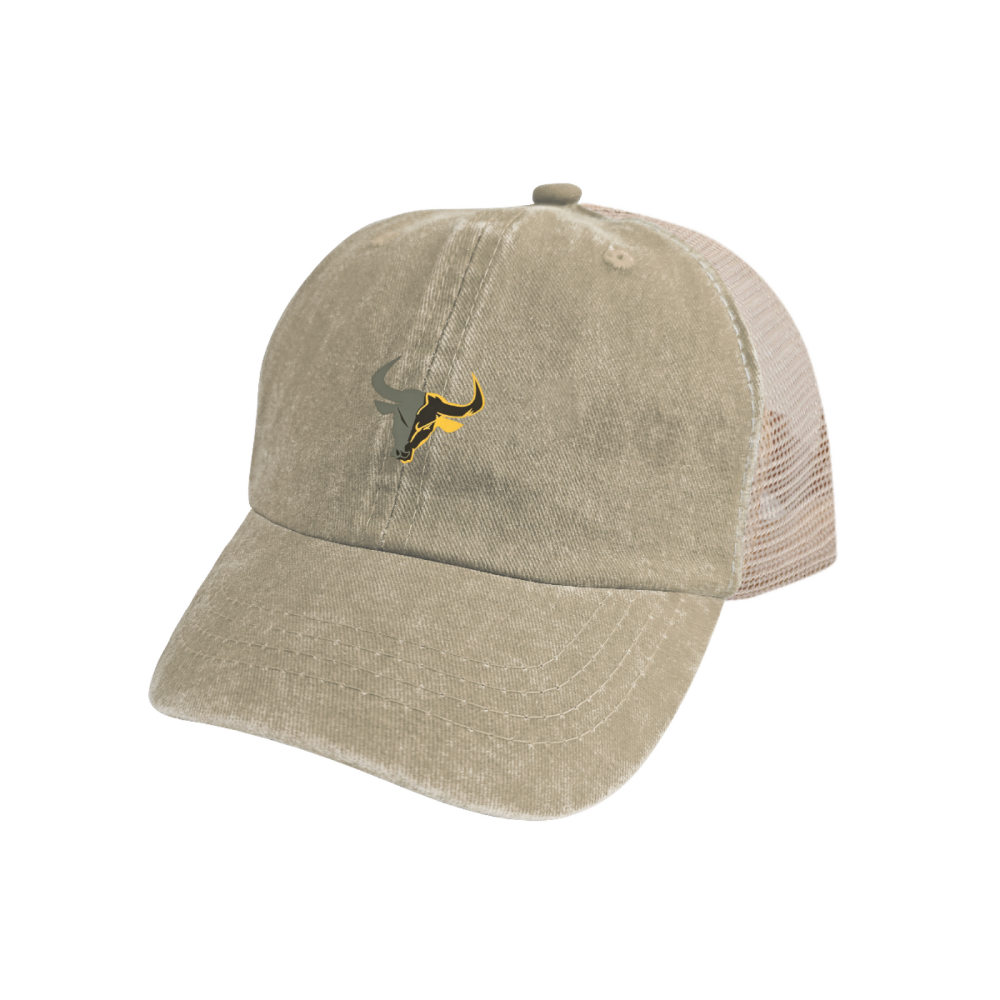 Bull Head Logo Khaki Vintage Washed Mesh Trucker Cap, Western Cowboy Breathable Hat