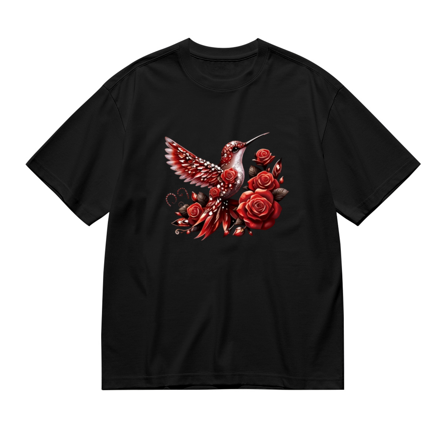 Midnight Blue Gradient Rose Crystal Hummingbird Plus Size Women Graphic Print T-Shirt