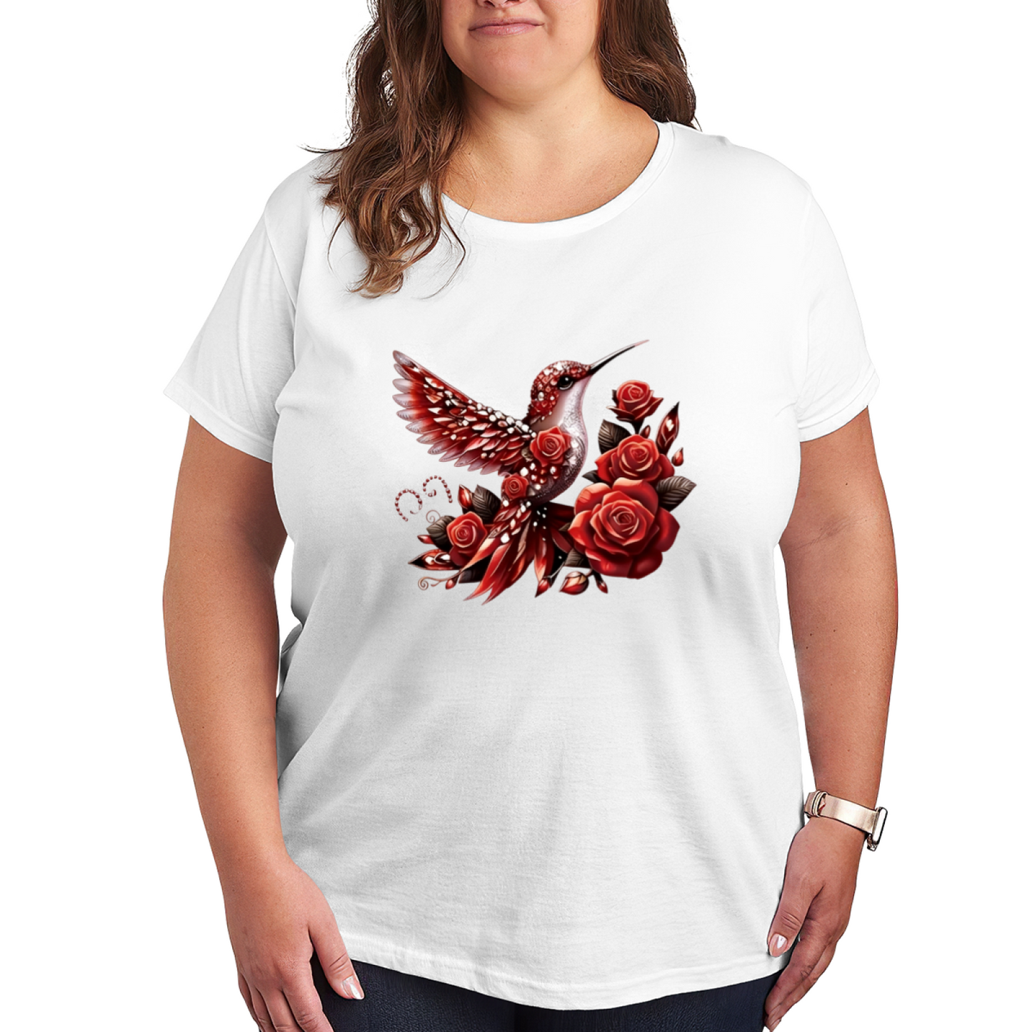 Midnight Blue Gradient Rose Crystal Hummingbird Plus Size Women Graphic Print T-Shirt