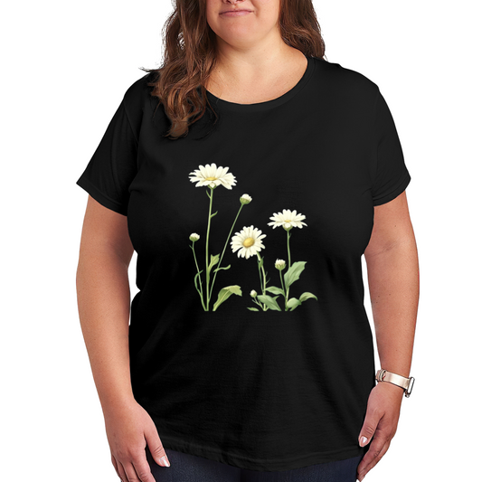 Elegant White Daisy Watercolor Floral Plus Size Women Graphic Tee