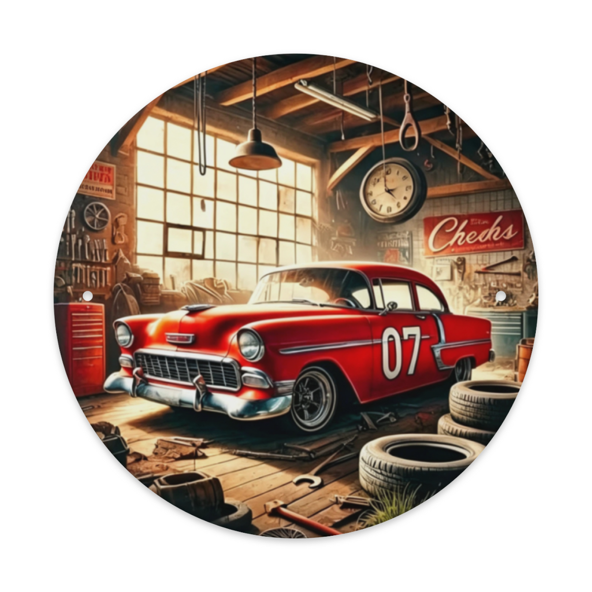Retro Red Classic Car Garage Round Tin Sign Vintage Workshop Wall Decor