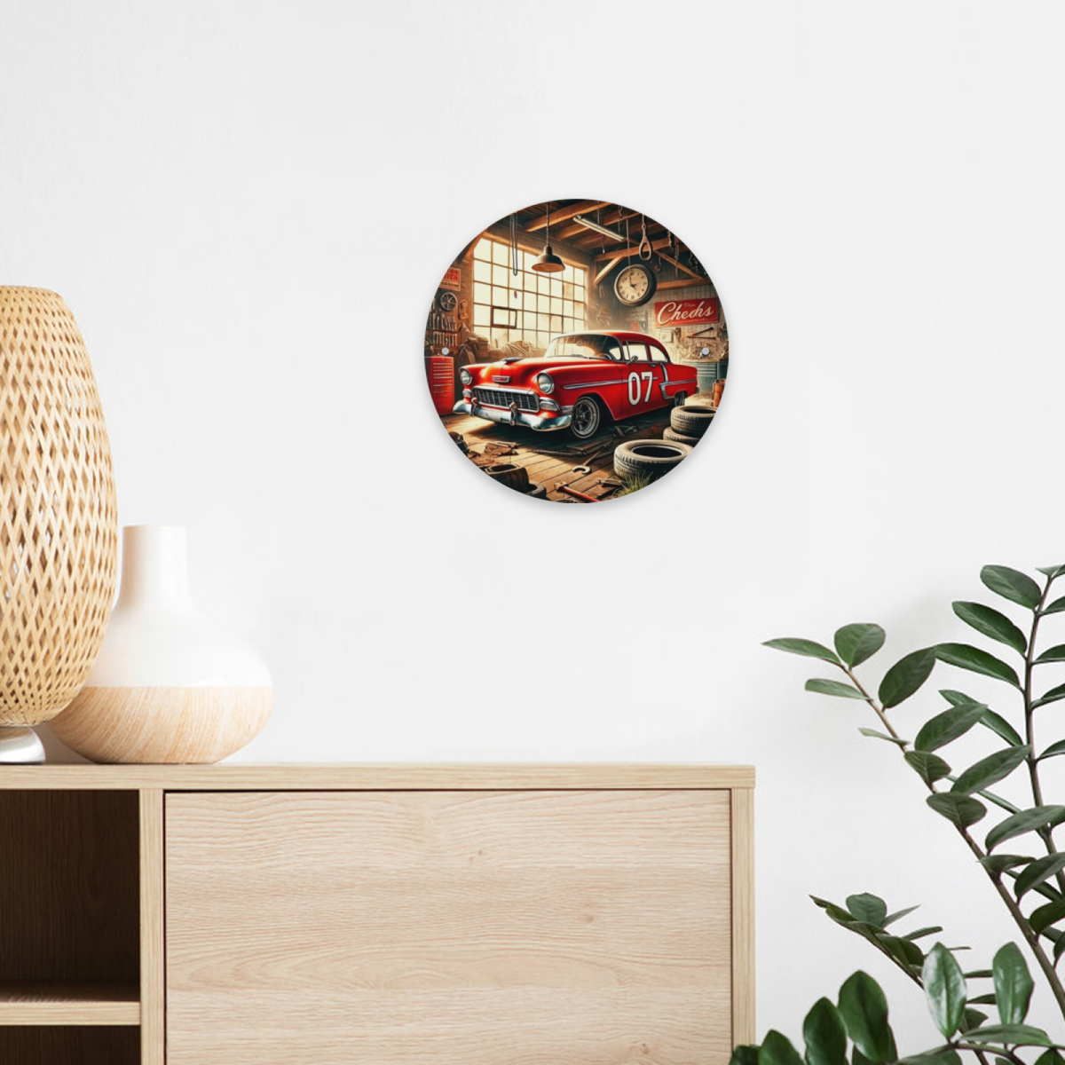 Retro Red Classic Car Garage Round Tin Sign Vintage Workshop Wall Decor