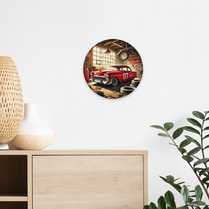 Retro Red Classic Car Garage Round Tin Sign Vintage Workshop Wall Decor
