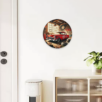 Retro Red Classic Car Garage Round Tin Sign Vintage Workshop Wall Decor