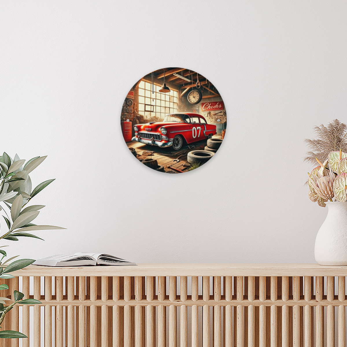 Retro Red Classic Car Garage Round Tin Sign Vintage Workshop Wall Decor