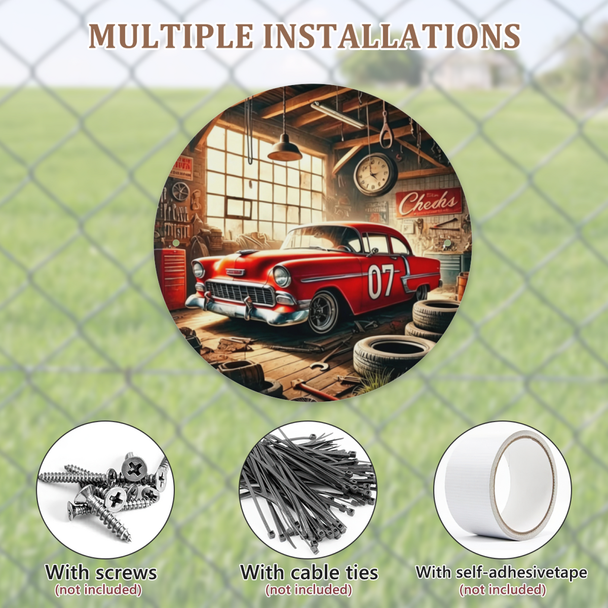 Retro Red Classic Car Garage Round Tin Sign Vintage Workshop Wall Decor