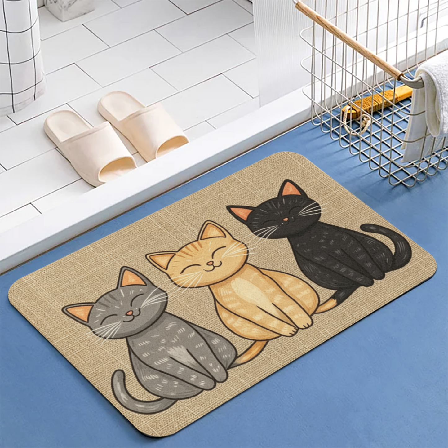 Three Smiling Kittens Diatomaceous Earth Quick Dry Bath Mat | Cute Cat Silicone Non-Slip Doormat