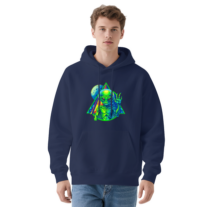 Trippy Neon Alien UFO White Hoodie, Oversized Comfort Psychedelic Sweatshirt