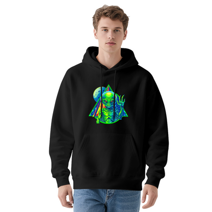 Trippy Neon Alien UFO White Hoodie, Oversized Comfort Psychedelic Sweatshirt