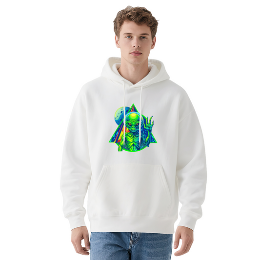 Trippy Neon Alien UFO White Hoodie, Oversized Comfort Psychedelic Sweatshirt